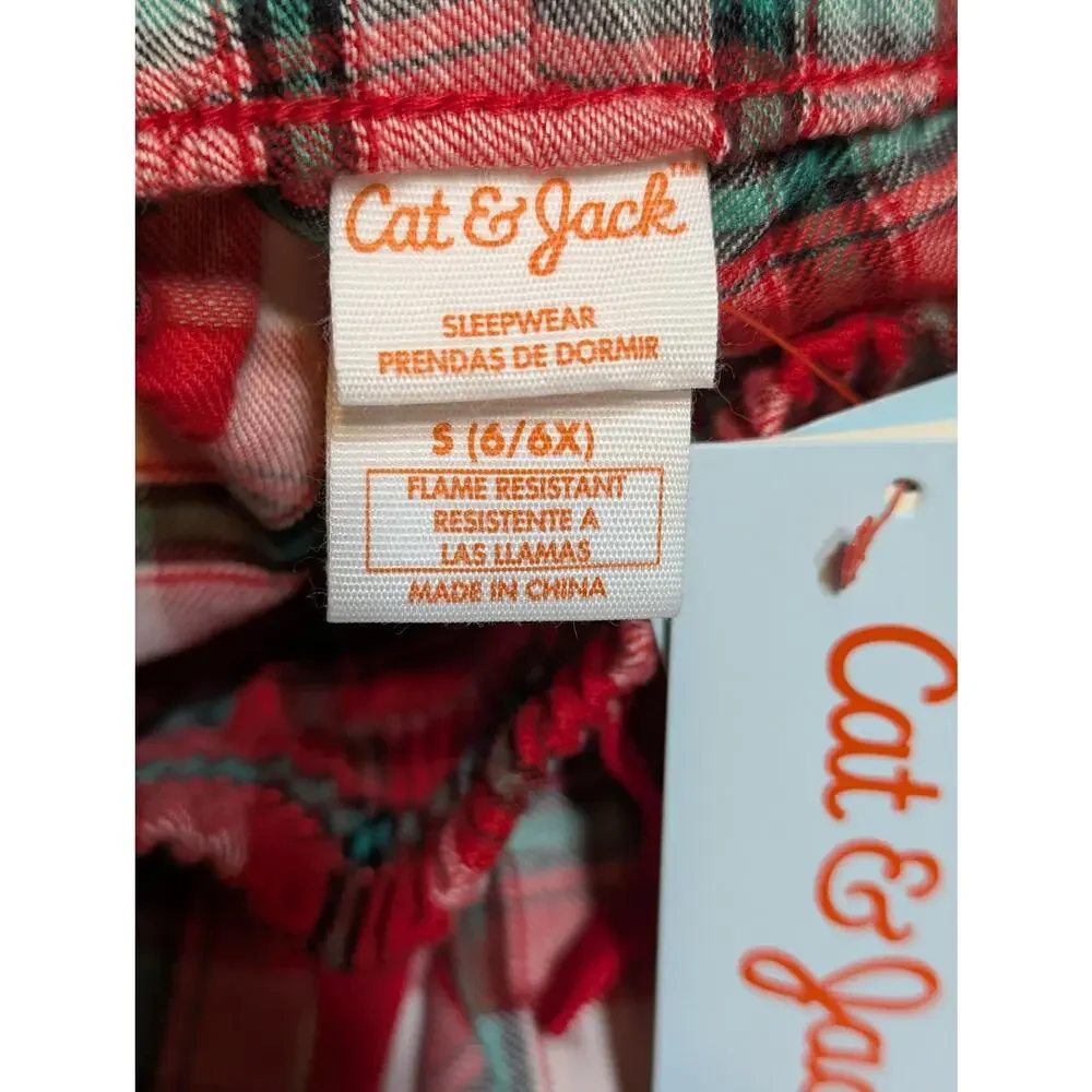 Cat & Jack Pajama Pants Kids Small 6/6X Red Green & Cream Plaid Cuffed Ankle